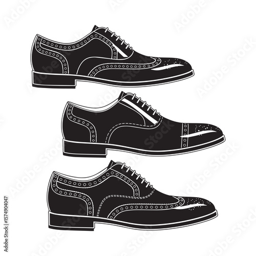 Elegant wingtip brogue shoes illustration classic black and white footwear line art
