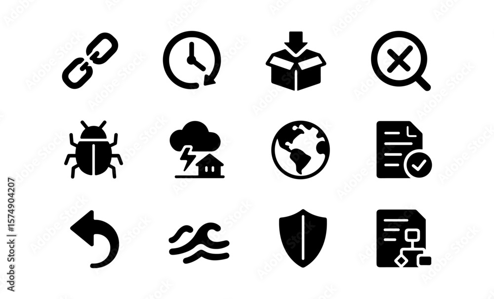 Fototapeta premium Supply chain risk icons featuring cyber attack, geopolitical globe, mitigation shield, and more