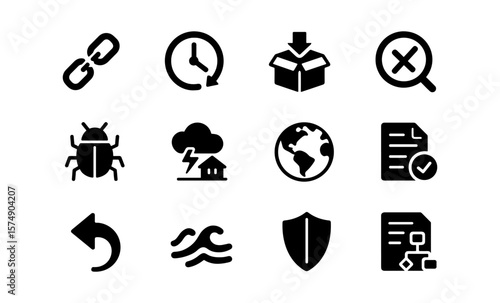 Supply chain risk icons featuring cyber attack, geopolitical globe, mitigation shield, and more