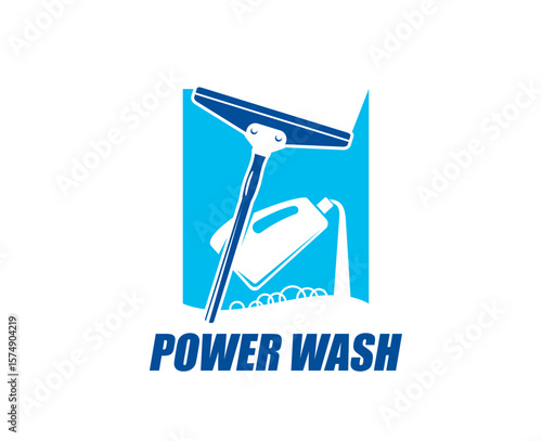 Window cleaning and washing service icon or sign. Office building window washing service and house cleaning company vector icon or sign. Household equipment store emblem with squeegee and detergent