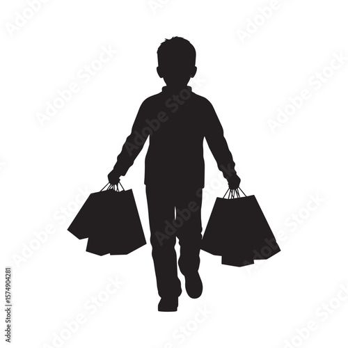 Silhouette of a young boy walking with shopping bags in both hands