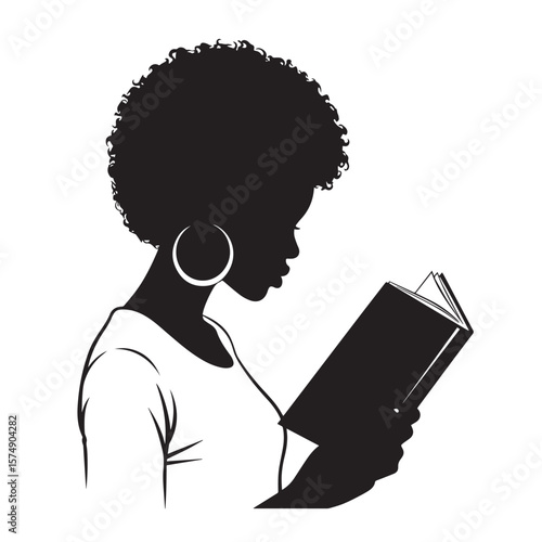 Silhouette of a black woman reading book afro hairstyle and hoop earring