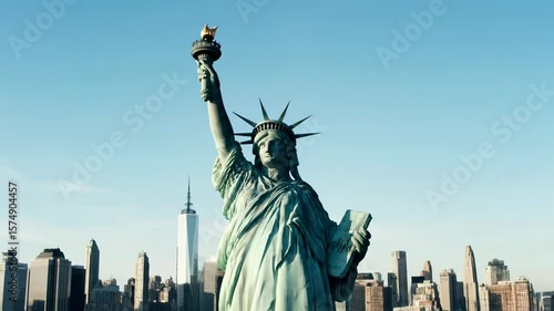 Statue of Liberty aerial pulling back from close up with Manhattan skyline in background in New York