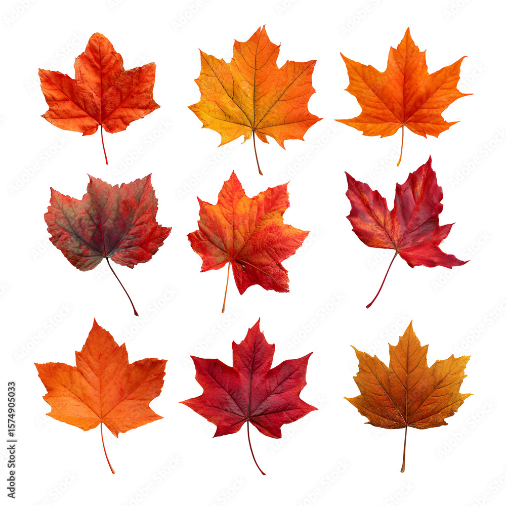 Obraz premium Nine vibrant autumn maple leaves on black background