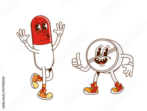 Groovy capsule and pill characters. Healthcare and pharmacy 60s 70s groovy happy characters. Medical drugs, medicines hippie happy personages, vitamin, antibiotic or painkiller pill capsule mascot