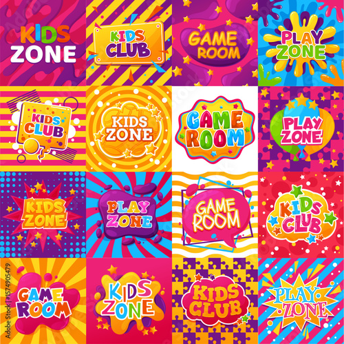 Kids zone banners, game room, play area vector set. Colorful cartoon design elements half tone, speech bubbles, stars and splashes with abstract waves, puzzle pieces and lines. Baby center, playground