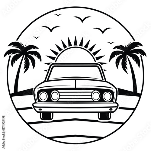 Retro Sunset Car Palm Trees Beach Vacation Summer Road Trip T Shirt