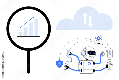 Robot multitasking with tools and charts symbolizes AI, data analysis under magnifier. Ideal for technology, innovation, efficiency, cloud services, machine learning, business growth, future trends