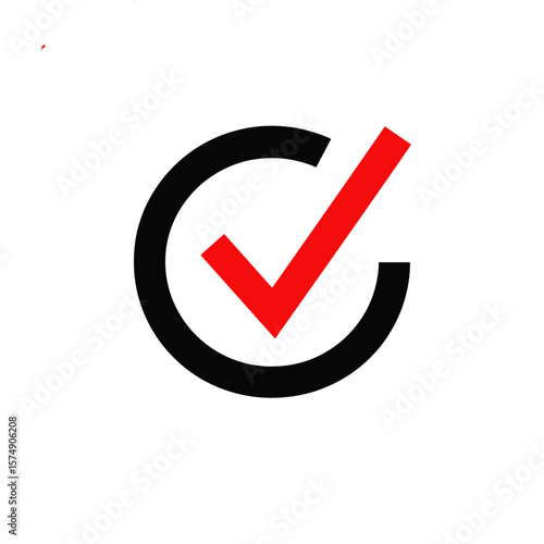 A checkmark symbol in black and red, with a minimalist design on a transparent background