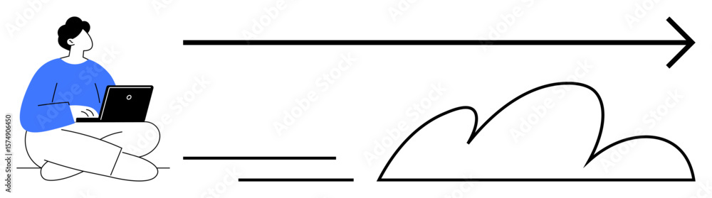 Person sitting with laptop, arrow symbolizing direction, cloud for digital connection. Ideal for technology, cloud computing, remote work, progress, connectivity, productivity startup culture Person sitting with laptop, arrow symbolizing direction, cloud for digital connection. Ideal for technology, cloud computing, remote work, progress, connectivity, productivity startup culture
