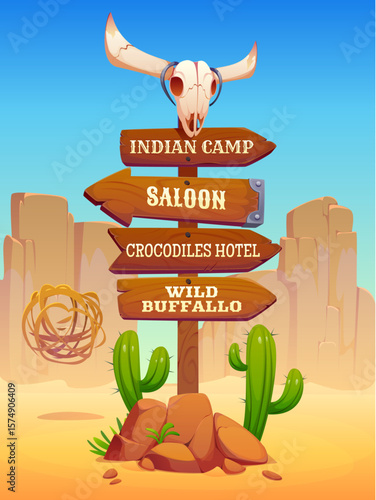 Wild west wooden signboard, western cowboy signage directional sign yard. Cartoon vector wood arrow signs point to saloon, Indian camp, crocodiles hotel and wild buffalo in desert with cacti and cliff