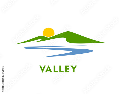 Mountain river valley icon featuring green hills, a flowing blue river, and a rising yellow sun, symbolizing nature, tranquility, and eco tourism. Vector badge or emblem with natural alpine landscape