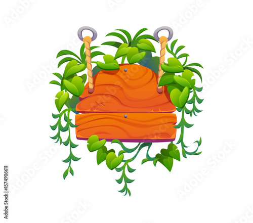 Wooden sign board hanging on ropes with jungle lianas. Information hanging wooden signpost, isolated cartoon vector blank signboard or road banner jungle with ivy shrub or liana plant leaves and twigs
