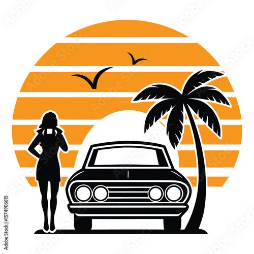 Retro Summer Road Trip Vintage Car and Palm Tree Sunset Beach Scene