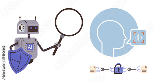 Robot analyzing with magnifying glass, shield for protection, facial profile highlighting voice recognition, and secure data chain. Ideal for AI, security, technology, privacy, voice recognition