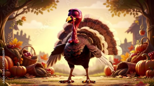 Animated turkey dancing in autumn scene with pumpkins for thanksgiving celebration concept of festive holiday, cute cartoon bird, harvest season