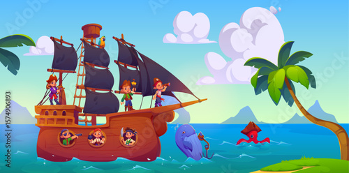 Cartoon sail pirate ship with kid pirates and corsairs. Vector fun adventure scene with filibuster crew of children in a tropical sea, featuring a parrot, palm tree and a playful octopus with a whale
