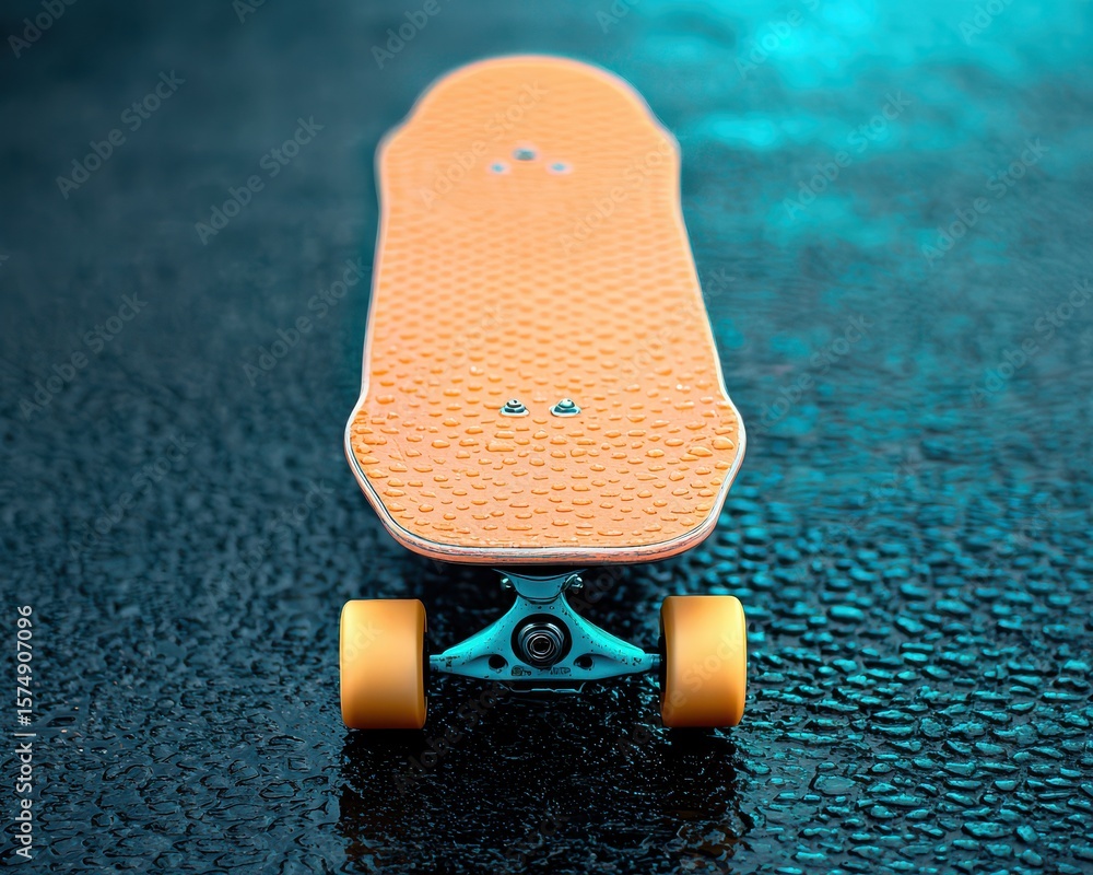 Obraz premium A close-up front view of a yellow skateboard on a wet, textured asphalt surface with a blue-green light reflection.