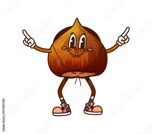 Cartoon groovy hazelnut nut and seed cowboy and bandit character wearing retro cowpuncher hat standing with pointing finger gesture and friendly smile. Isolated vector healthy snack food y2k personage