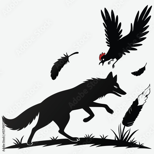 Fox chasing a chicken with flying feathers image silhouette design vector art and illustration
