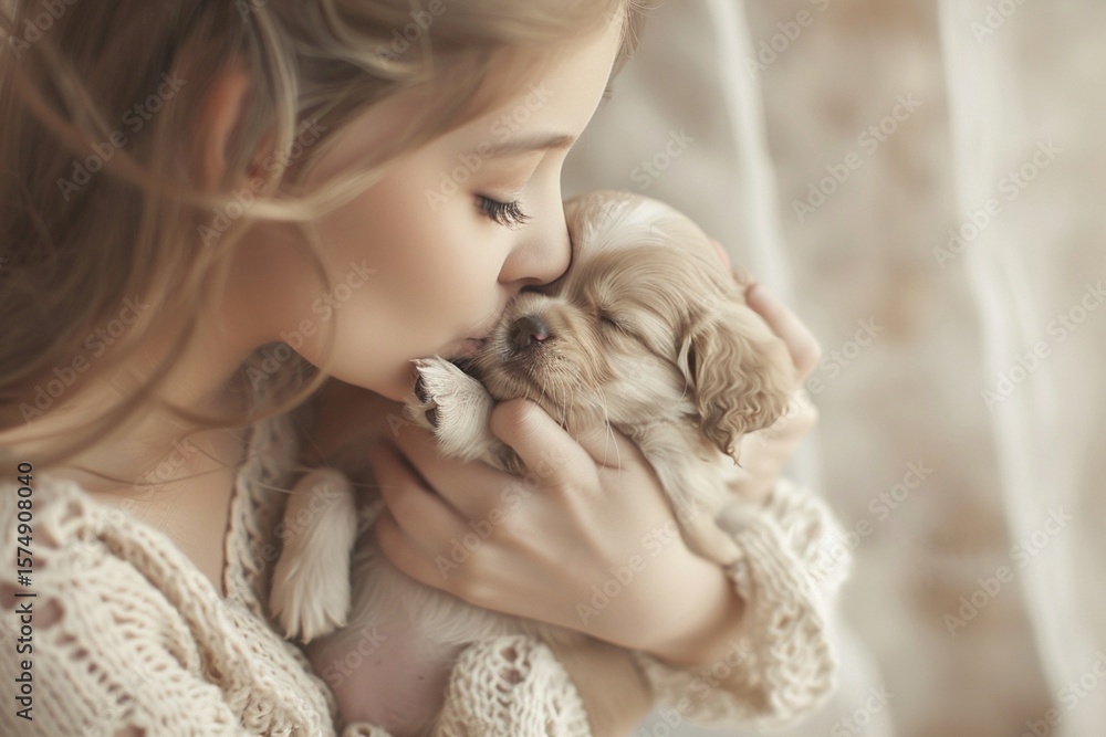 Fototapeta premium girl and her puppy