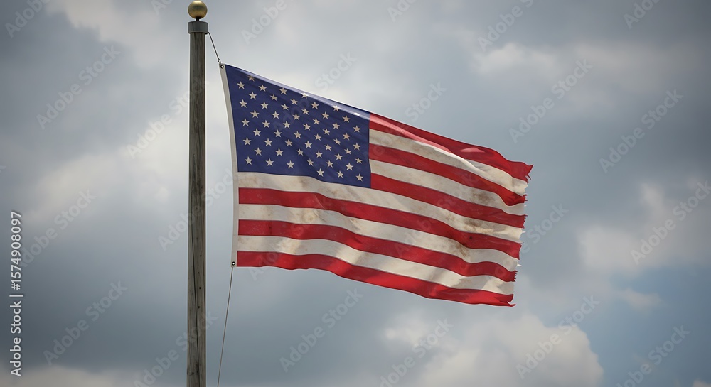 Obraz premium Tattered American Flag Waving Proudly Against a Dramatic Sky, A Symbol of Resilience and Patriotism Amidst the Clouds