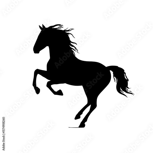 Silhouette of a rearing equine with flowing mane and tail in a dynamic pose, equine art form image