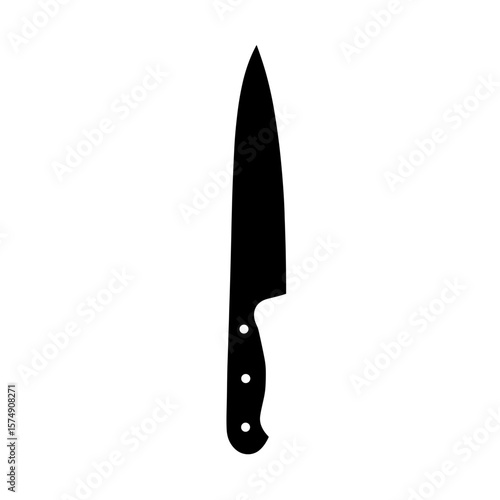 Illustration of a single chef's knife with a sharp blade and handle with three rivets shown clearly