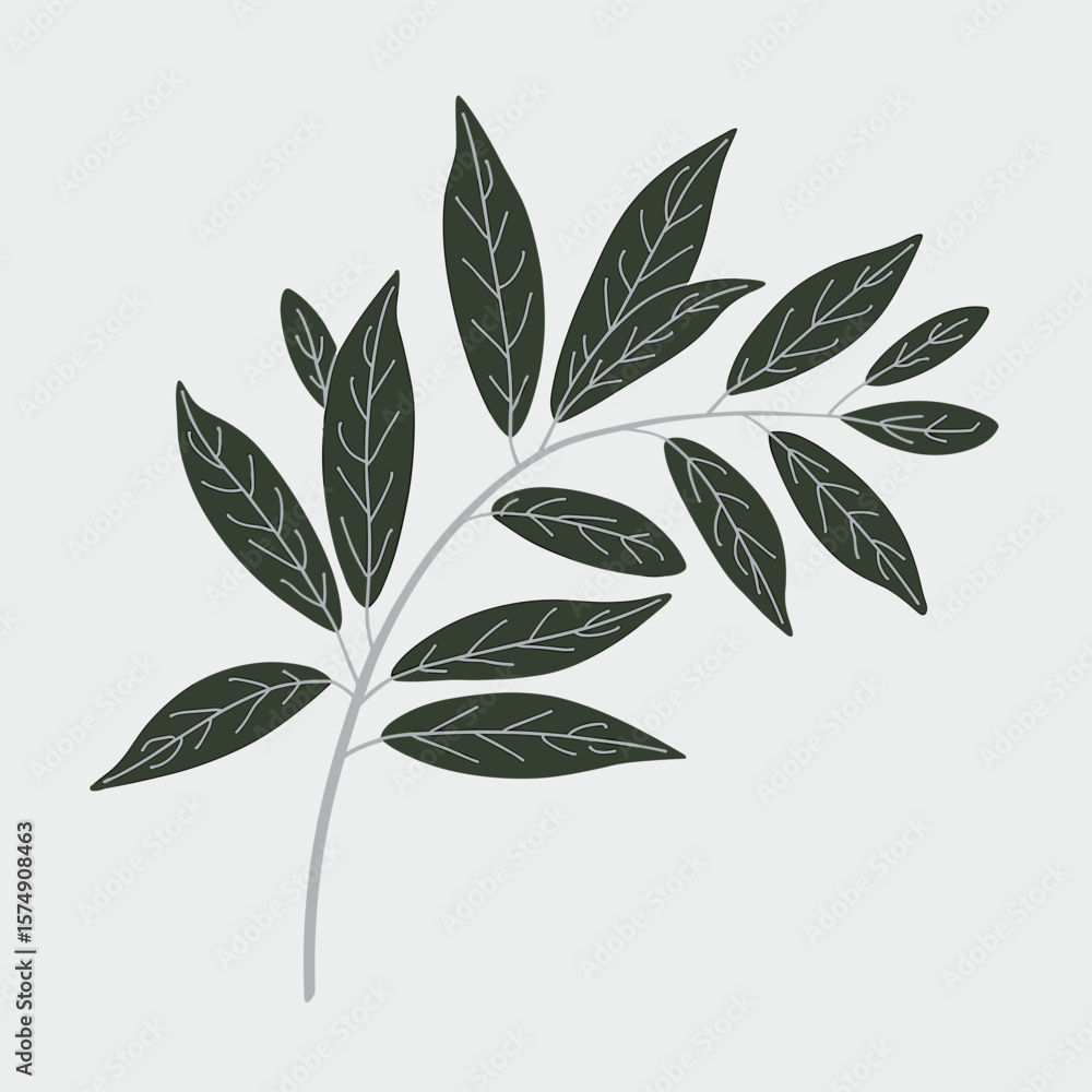 Fototapeta premium Minimal vector illustration of white branch with green leaves on white background – Ideal for botanical designs, eco branding, or nature-themed graphics