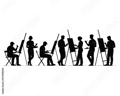 Black and white silhouette of six diverse artists painting at easels in two rows

