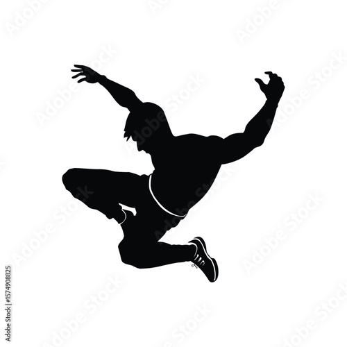 Silhouette of Man Jumping in Action Pose – Black and White Parkour Vector art
