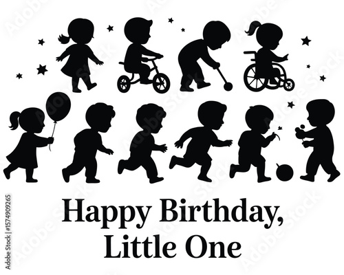 Silhouettes of active children in various poses with balloons and wheeled toys on white background




