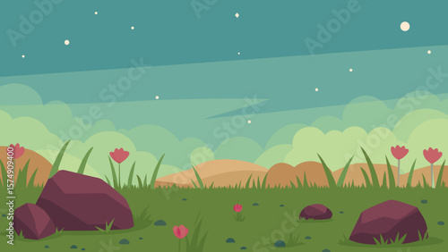 A vibrant vector illustration of an Easter meadow with colorful eggs nestled in the green grass under a clear blue sky, capturing the essence of a bright spring day