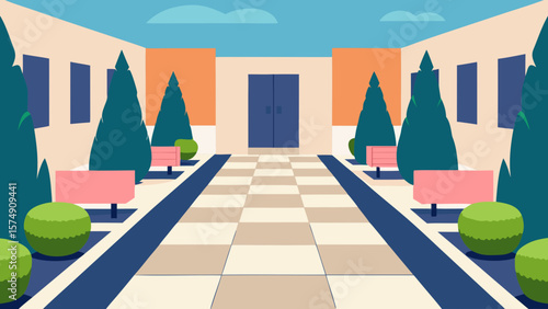 Vector illustration of a tennis court and ball in a vibrant city landscape, perfect for a dynamic sports or travel design