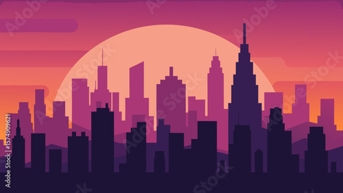 Los Angeles and Chicago city skylines at sunset, with urban building silhouettes against a vibrant sky, illustrating American downtown architecture