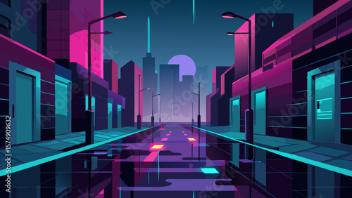 Urban skyline at night: illuminated city buildings and streets create a vibrant cityscape illustration