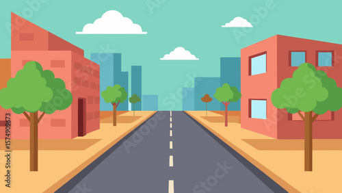 Urban city street scene with buildings and trees under a clear sky
