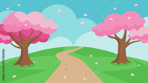 A vibrant cartoon landscape illustrates a tree in the park, adorned with hearts and surrounded by colorful spring flowers, green grass, and a bright blue sky with fluffy clouds