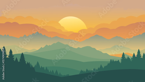 Sunrise over a misty mountain landscape, with the morning sun casting light through the fog-kissed peaks and valleys, creating a serene and captivating view