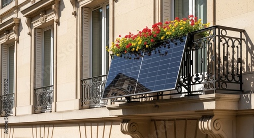 Glossy black solar panel mounted on balcony of historic apartment building with red and yellow flowers, daylight, Paris, France