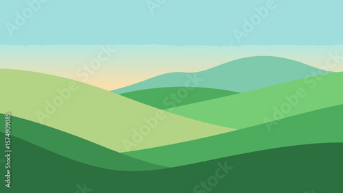 Rolling green hills and distant mountains under a blue sky with fluffy clouds