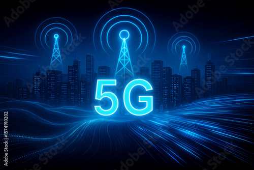 5G Network Connectivity Background with Signal Towers, Data Waves, and Smart Digital Cityscape in Futuristic Blue Tones