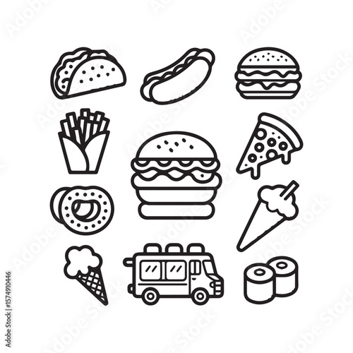 A vibrant assortment of popular fast food items and treats, including burgers, tacos, pizza, and ice cream, perfect for food lovers