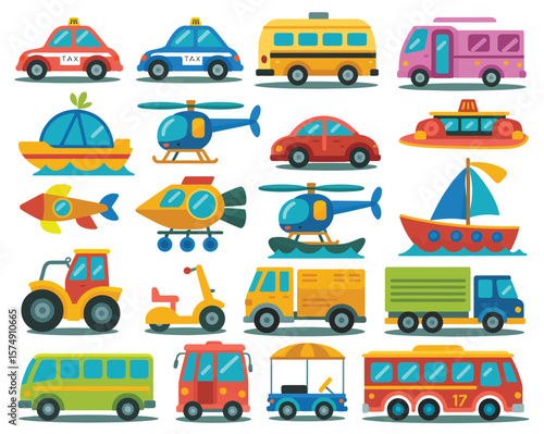 Child-Friendly Cartoon Vehicle Illustrations – Fun Transport Elements for Learning & Games