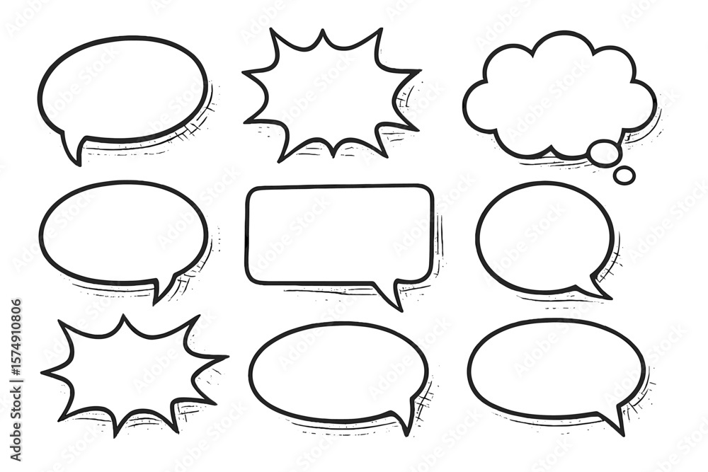 Fototapeta premium Vector illustration of hand drawn retro cartoon stickers in pop art style, featuring a collection of empty comic speech bubbles with halftone shadows