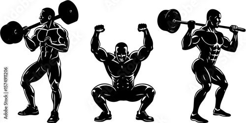 Muscular male athletes performing weightlifting exercises with barbells and celebrating victory