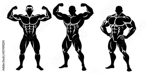 Three silhouettes of muscular bodybuilders flexing muscles on white background