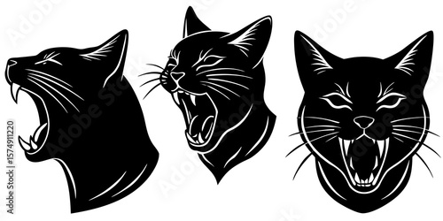 Three black cat heads showing aggression with open mouths and sharp teeth