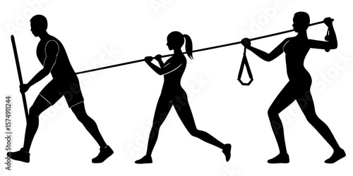 Silhouettes of three people performing a synchronized fitness exercise with a pole