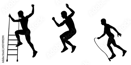 Silhouettes of a man climbing a ladder jumping and skipping rope